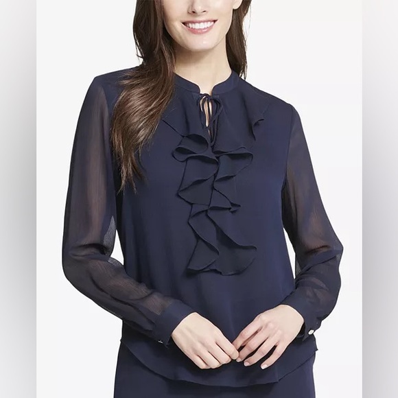 Tommy Hilfiger Tops - TOMMY HILFIGER Women's Classic Long Sleeve Ruffle Front Blouse Blouse - Midnight